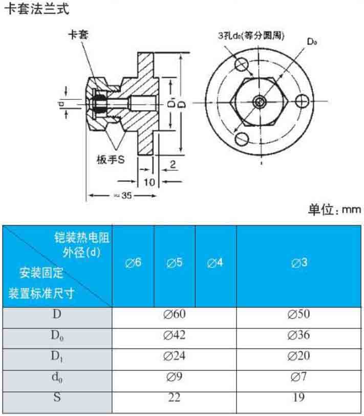 cu50熱電阻卡套法蘭式安裝尺寸圖